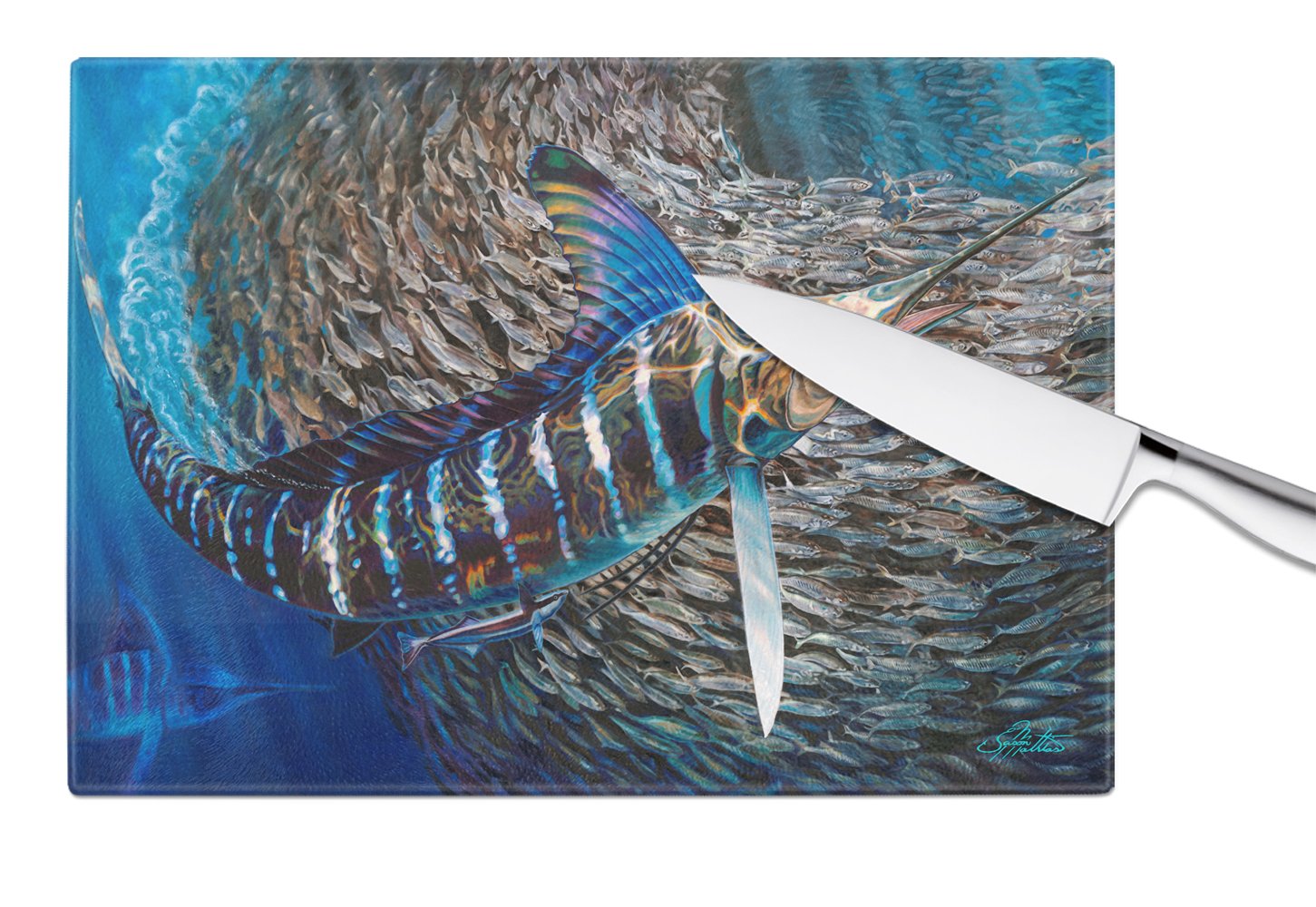 Striped Gem Striped Marlin Cutting Board Tempered Glass Kitchen Cutting Surface, Heat Resistant Chopping, Non-Slip Feet, Food Prep & Serving