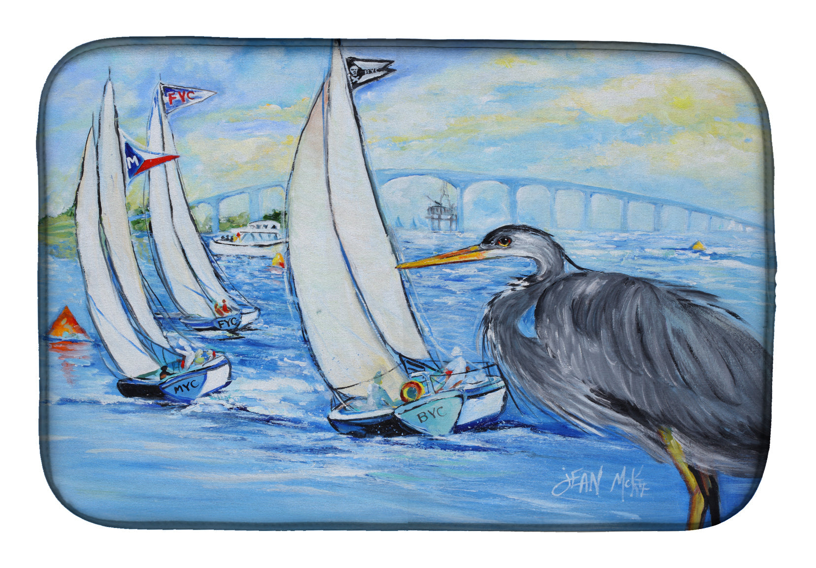 Blue Heron Sailboats Dog River Bridge Dish Drying Mat Absorbent Dish Drying Mat Pad for Kitchen Counter Dish Drainer Mat for Countertop, 14 x 21", Multicolor