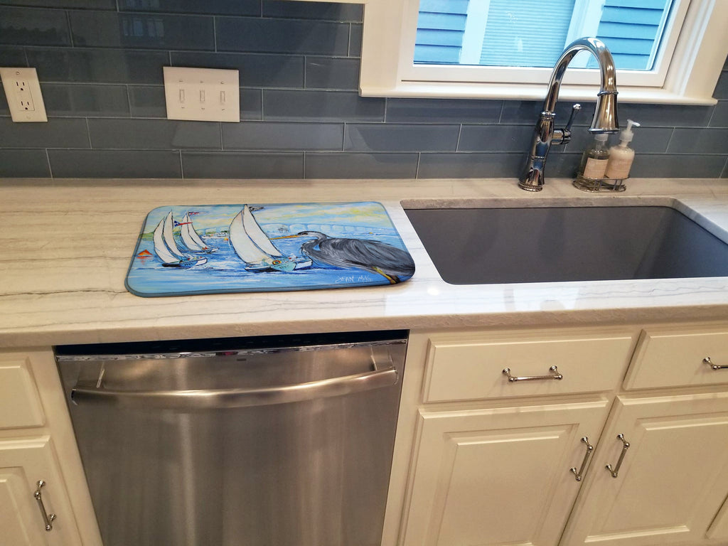 Blue Heron Sailboats Dog River Bridge Dish Drying Mat Absorbent Dish Drying Mat Pad for Kitchen Counter Dish Drainer Mat for Countertop, 14 x 21", Multicolor