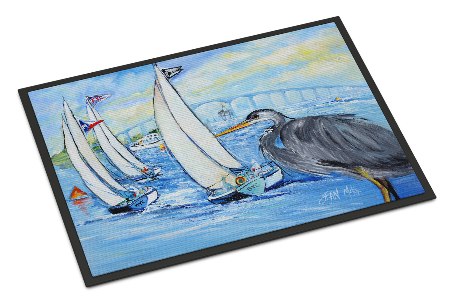 Blue Heron Sailboats Dog River Bridge Doormat Indoor Outdoor 24H X 36W Front Door Mat Rugs for Entryway, Non Slip Washable Low Pile,