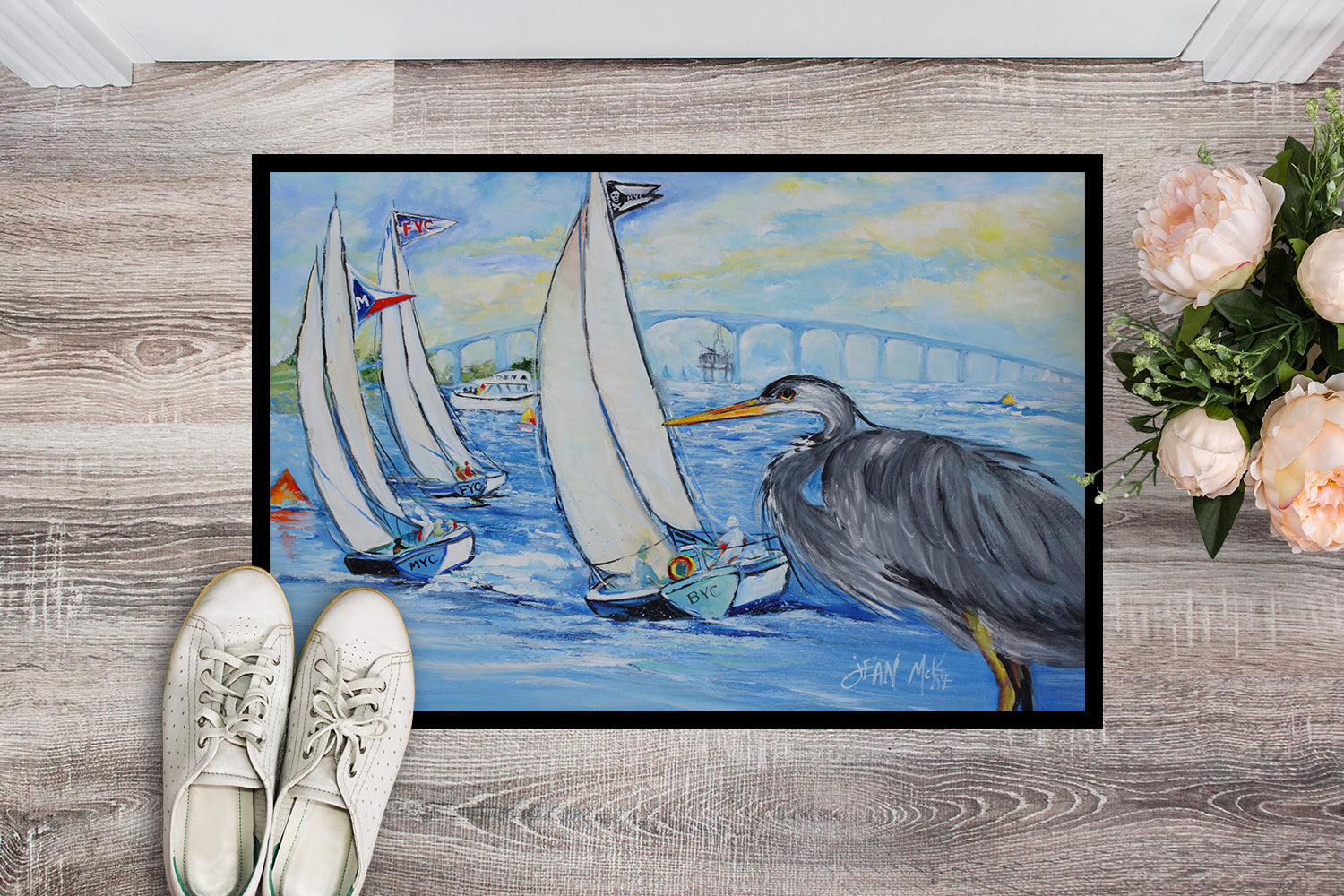 Blue Heron Sailboats Dog River Bridge Doormat Indoor Outdoor 24H X 36W Front Door Mat Rugs for Entryway, Non Slip Washable Low Pile,