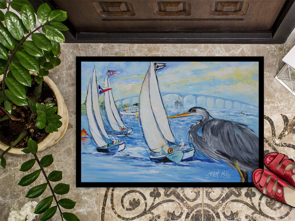 Blue Heron Sailboats Dog River Bridge Doormat Indoor Outdoor 24H X 36W Front Door Mat Rugs for Entryway, Non Slip Washable Low Pile,