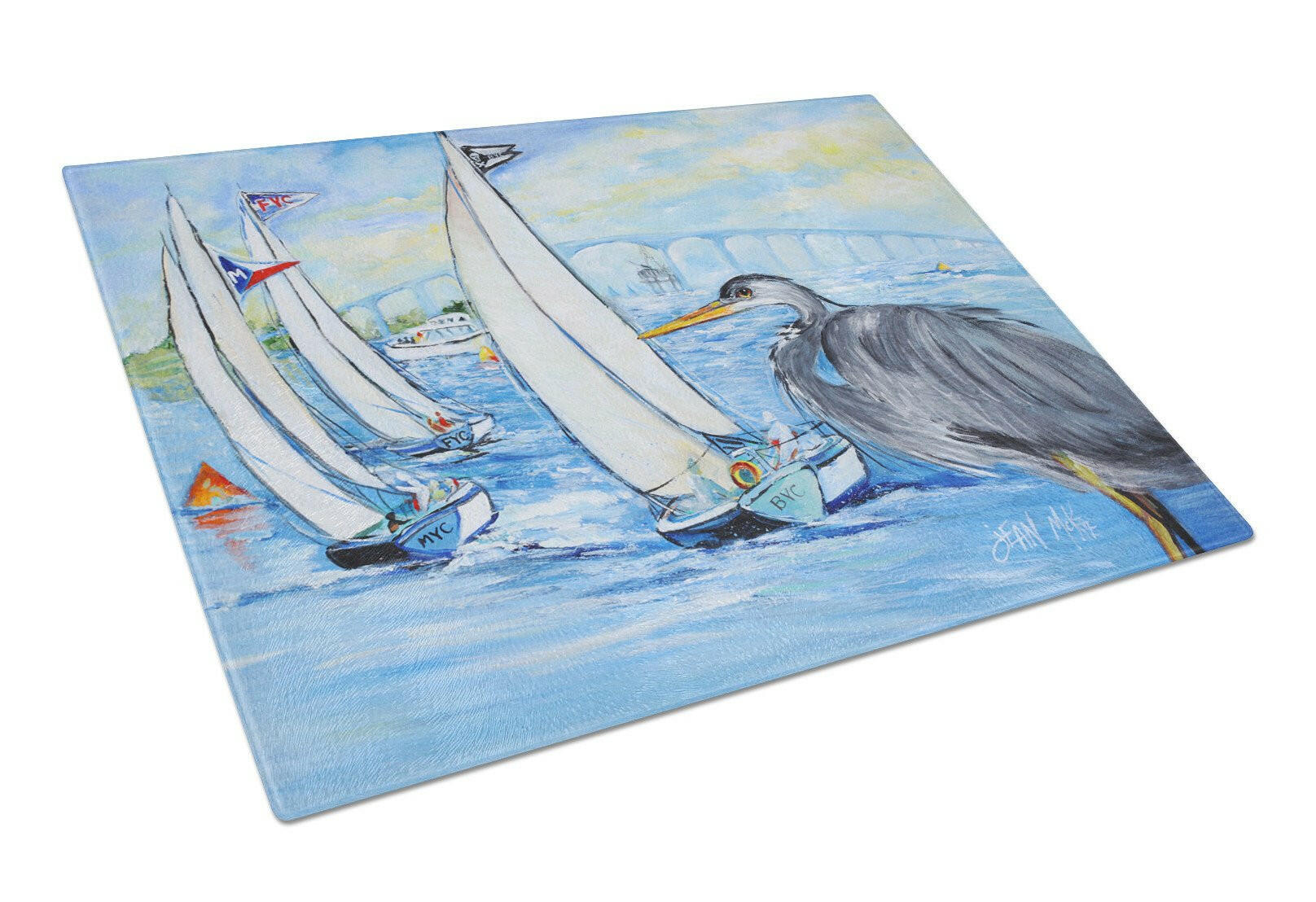 Blue Heron Sailboats Dog River Bridge Cutting Board Tempered Glass Kitchen Cutting Surface, Heat Resistant Chopping, Non-Slip Feet, Food Prep & Serving