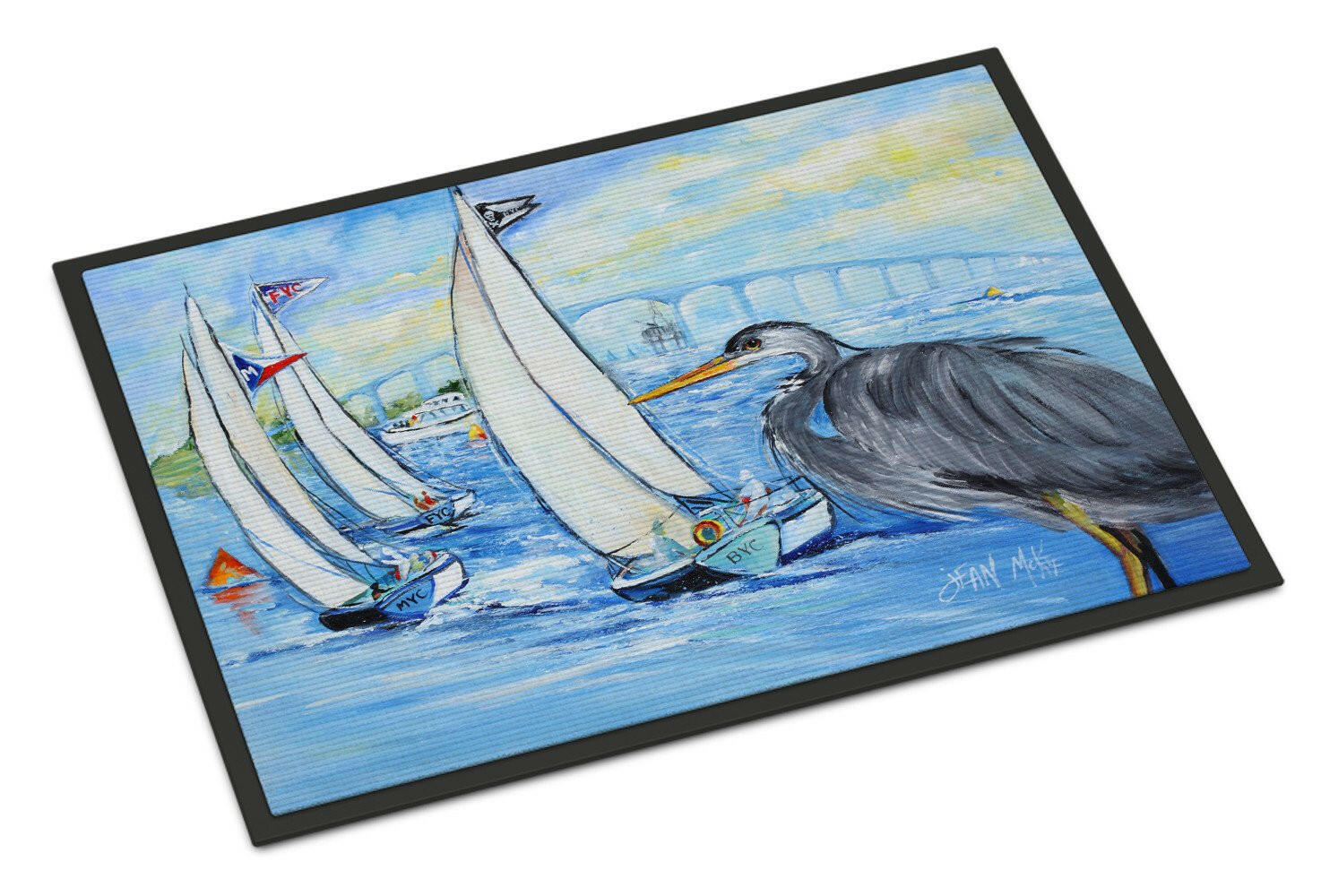 Blue Heron Sailboats Dog River Bridge Doormat Indoor Outdoor 18H X 27W Front Door Mat Rugs for Entryway, Non Slip Washable