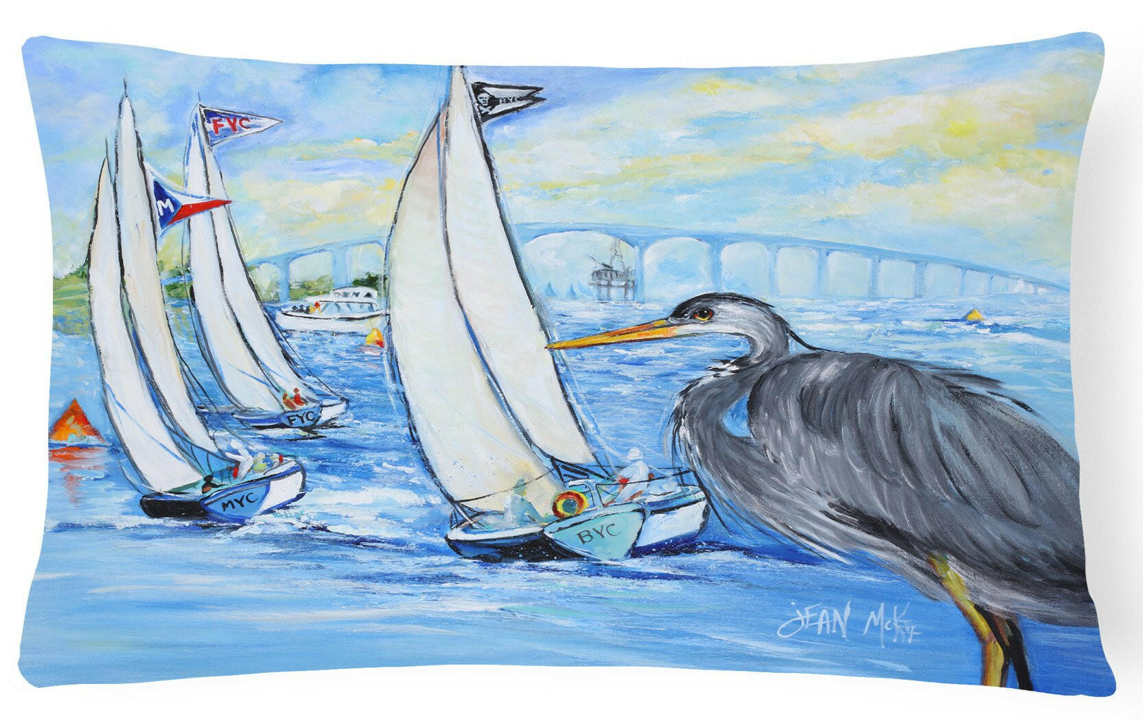 Blue Heron Sailboats Dog River Bridge Decorative Throw Pillow 12x16 Indoor Outdoor Accent Cushion, Fabric Cover with Insert for Sofa, Bed, Porch & Living Room