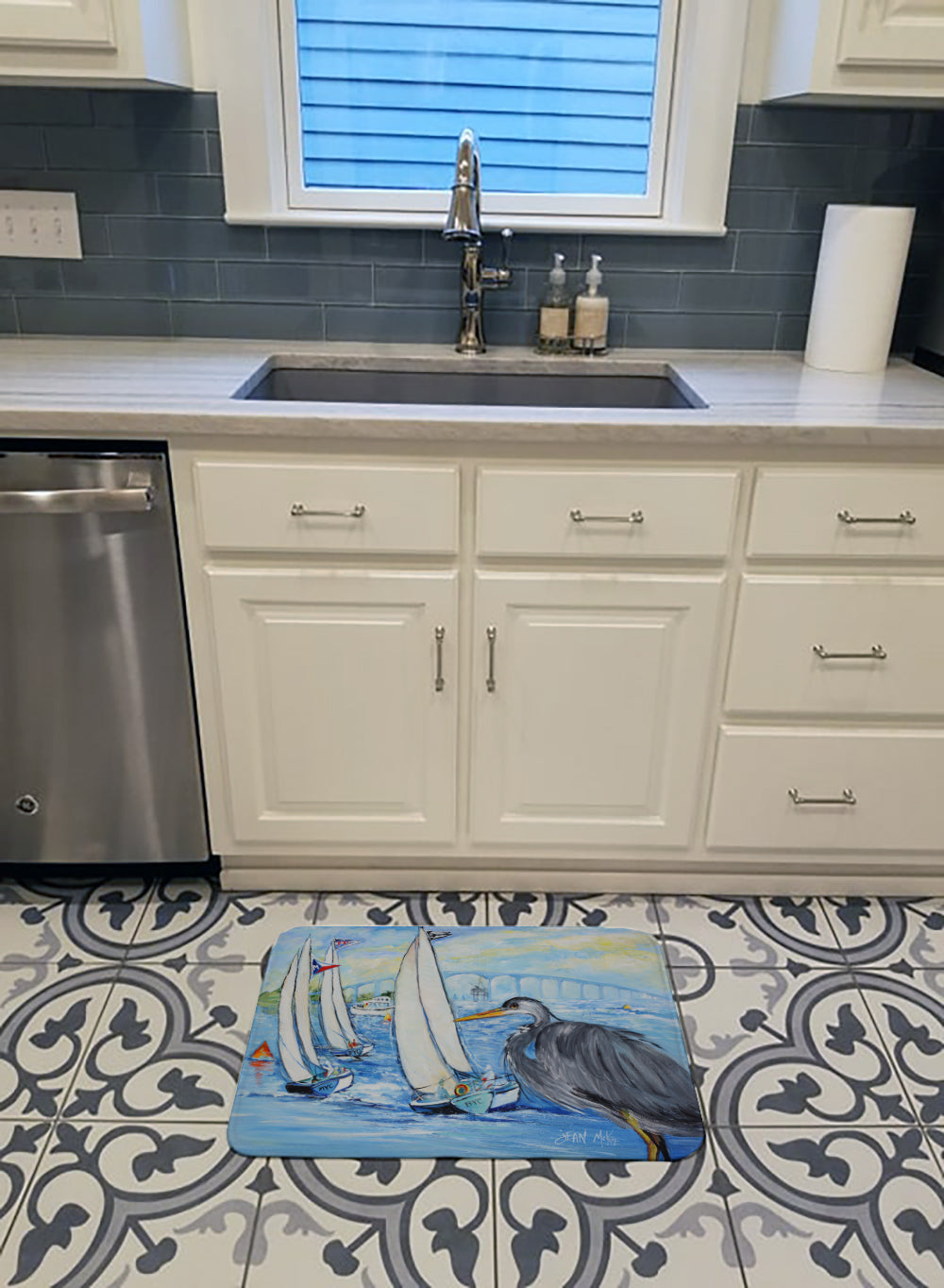 Blue Heron Sailboats Dog River Bridge Memory Foam Kitchen Mat Machine Washable Anti-Fatigue Cushion Comfort Bath or Kitchen Rug