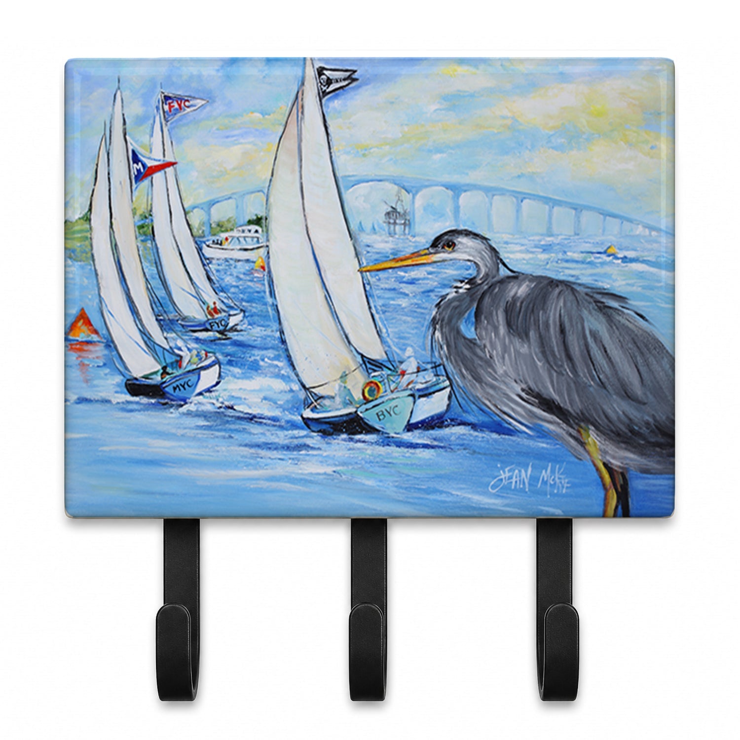 Blue Heron Sailboats Dog River Bridge Leash or Key Holder Wall Hooks, Coat Rack Wall Mount, for Hanging Keys, Towels, Aprons, Leashes