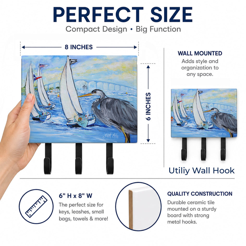 Blue Heron Sailboats Dog River Bridge Leash or Key Holder Wall Hooks, Coat Rack Wall Mount, for Hanging Keys, Towels, Aprons, Leashes