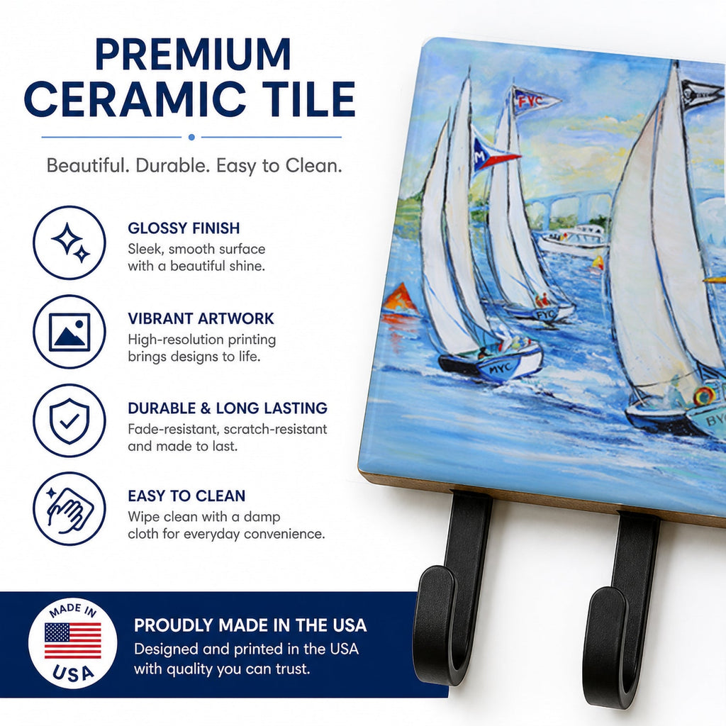 Blue Heron Sailboats Dog River Bridge Leash or Key Holder Wall Hooks, Coat Rack Wall Mount, for Hanging Keys, Towels, Aprons, Leashes