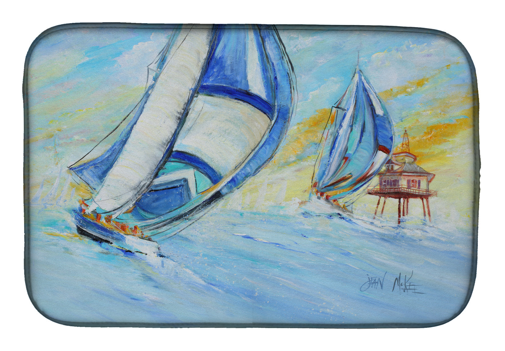 Sailboats and Middle Bay Lighthouse Dish Drying Mat Absorbent Dish Drying Mat Pad for Kitchen Counter Dish Drainer Mat for Countertop, 14 x 21", Multicolor