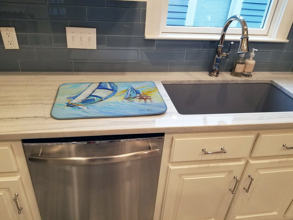 Sailboats and Middle Bay Lighthouse Dish Drying Mat Absorbent Dish Drying Mat Pad for Kitchen Counter Dish Drainer Mat for Countertop, 14 x 21", Multicolor