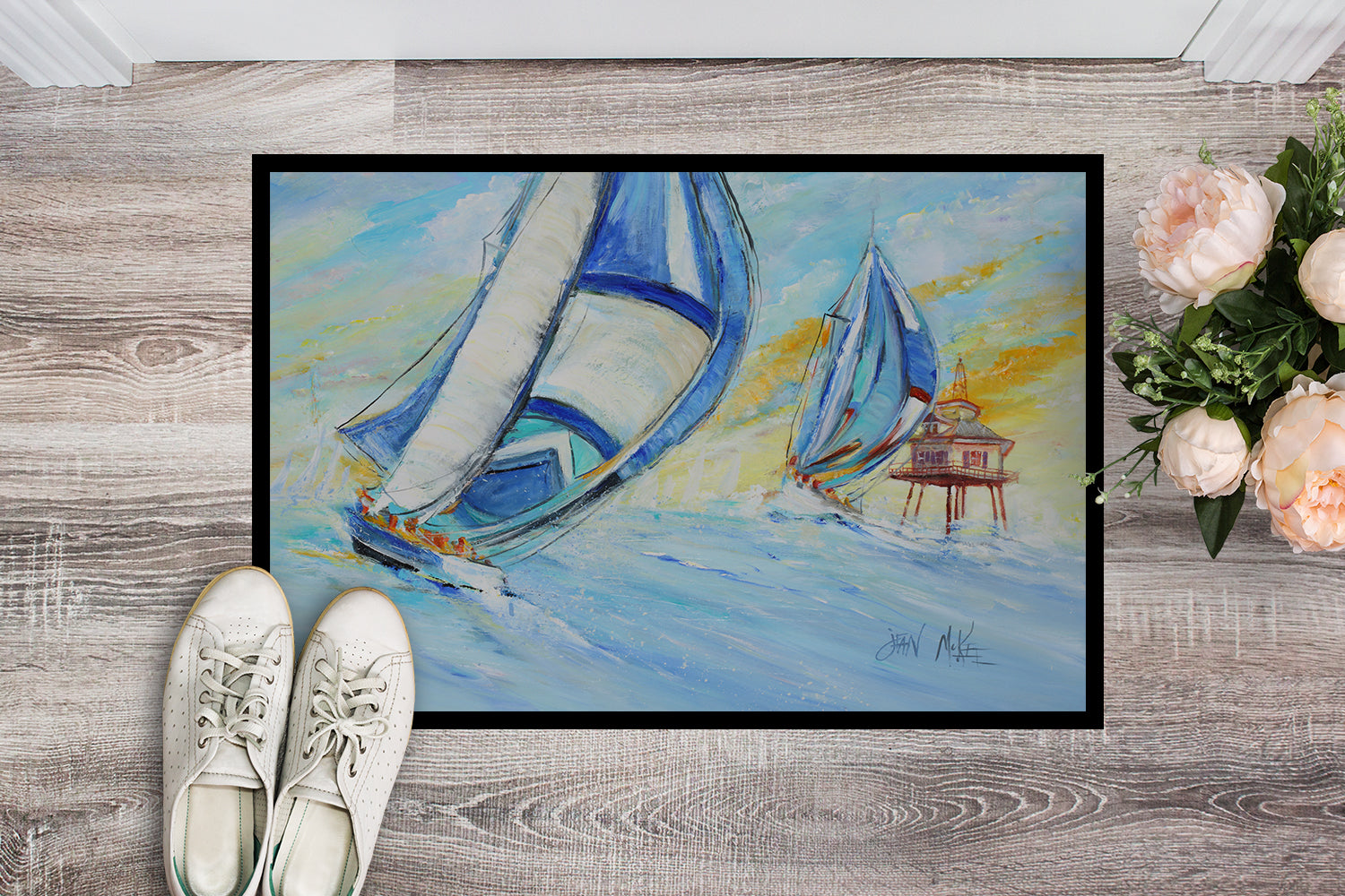 Sailboats and Middle Bay Lighthouse Doormat Indoor Outdoor 24H X 36W Front Door Mat Rugs for Entryway, Non Slip Washable Low Pile,