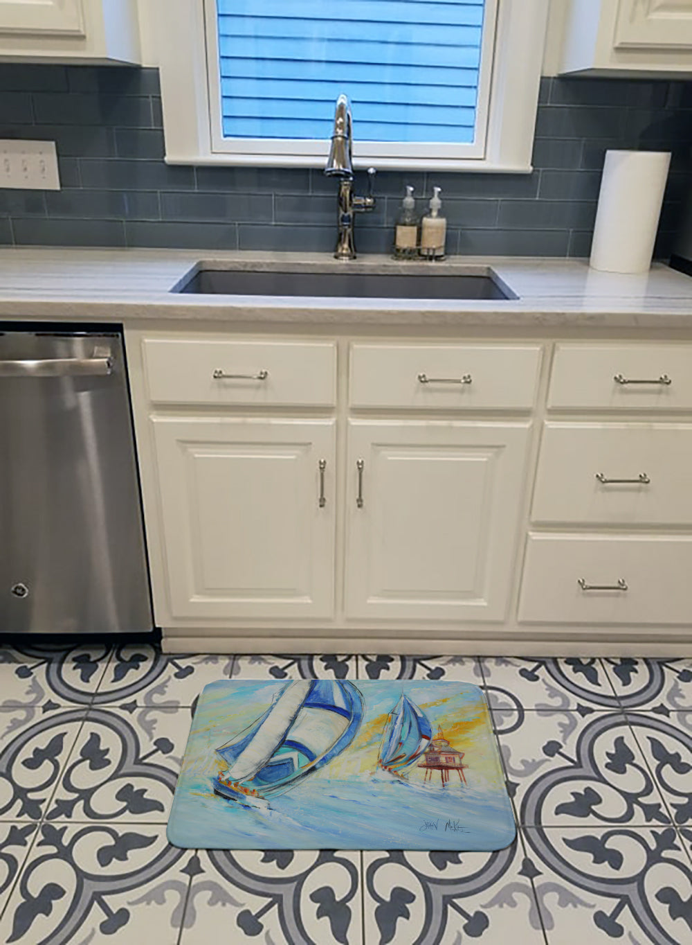 Sailboats and Middle Bay Lighthouse Memory Foam Kitchen Mat Machine Washable Anti-Fatigue Cushion Comfort Bath or Kitchen Rug