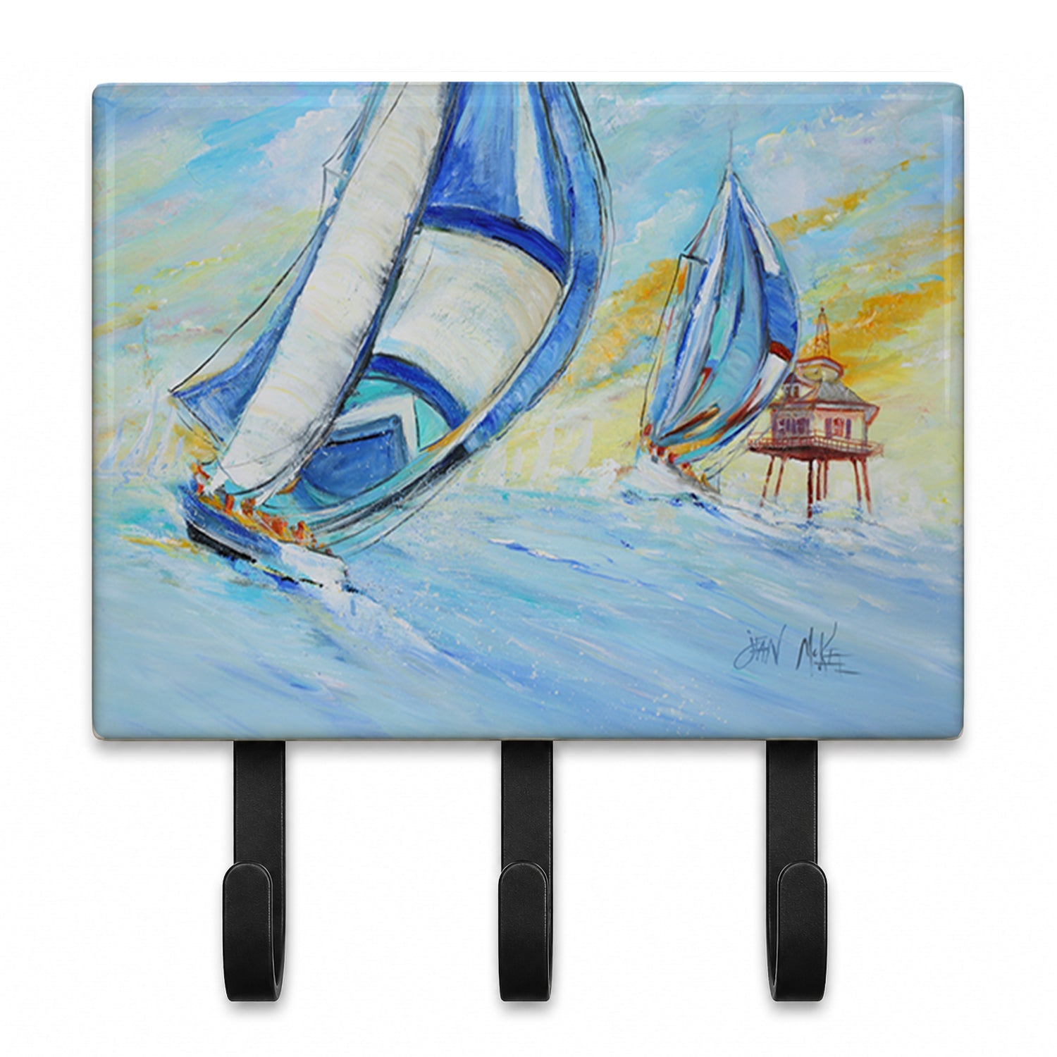 Sailboats and Middle Bay Lighthouse Leash or Key Holder Wall Hooks, Coat Rack Wall Mount, for Hanging Keys, Towels, Aprons, Leashes