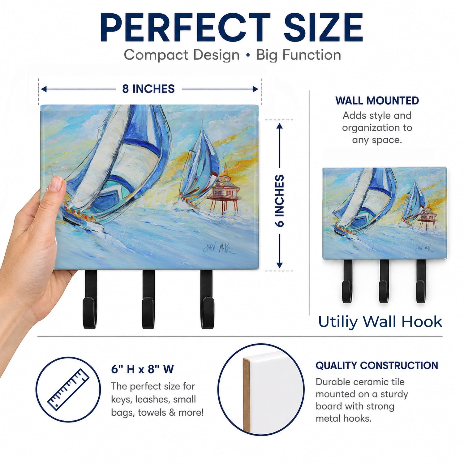 Sailboats and Middle Bay Lighthouse Leash or Key Holder Wall Hooks, Coat Rack Wall Mount, for Hanging Keys, Towels, Aprons, Leashes