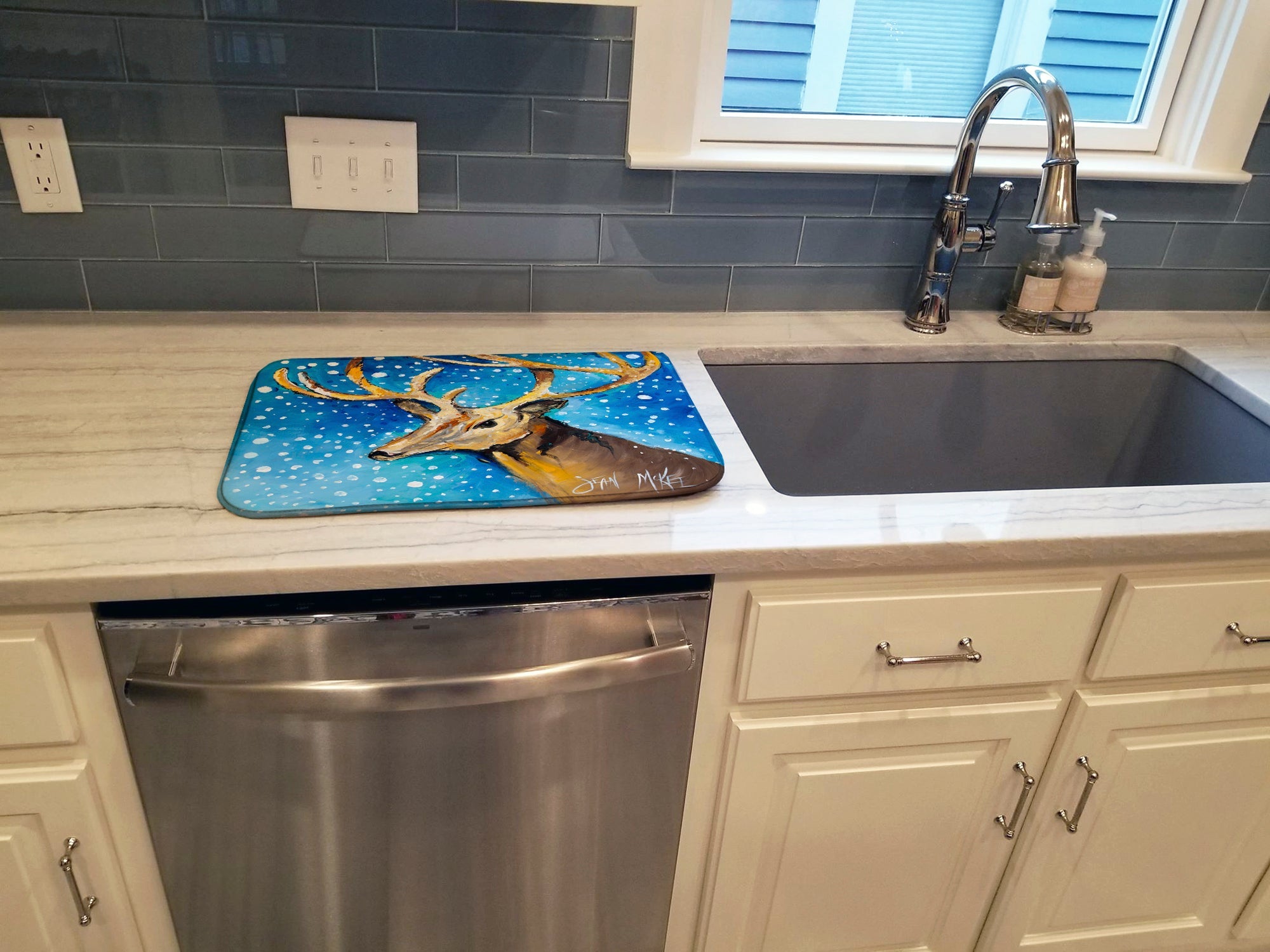 Reindeer Dish Drying Mat Absorbent Dish Drying Mat Pad for Kitchen Counter Dish Drainer Mat for Countertop, 14 x 21", Multicolor
