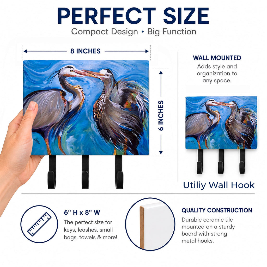 Blue Heron Love Leash or Key Holder Wall Hooks, Coat Rack Wall Mount, for Hanging Keys, Towels, Aprons, Leashes
