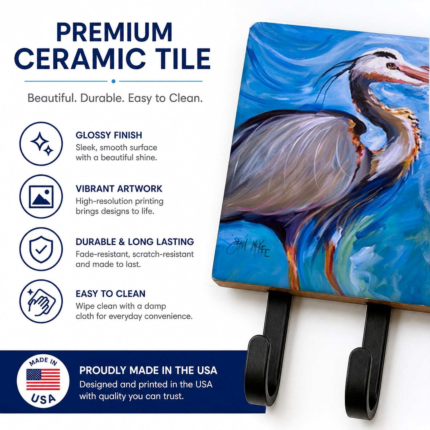 Blue Heron Love Leash or Key Holder Wall Hooks, Coat Rack Wall Mount, for Hanging Keys, Towels, Aprons, Leashes