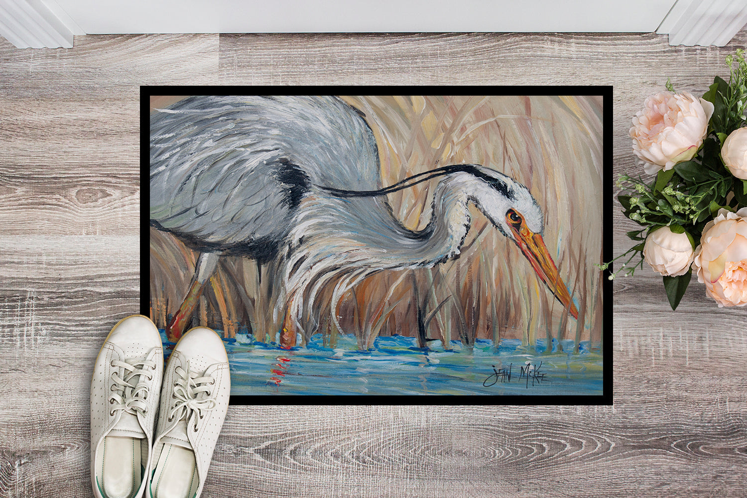 Blue Heron in the reeds Doormat Indoor Outdoor 24H X 36W Front Door Mat Rugs for Entryway, Non Slip Washable Low Pile,