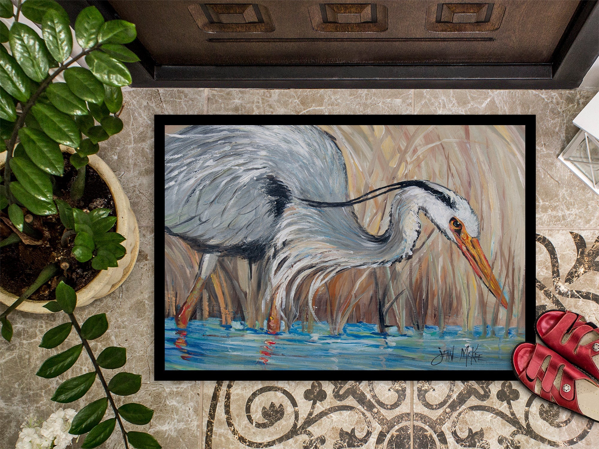 Blue Heron in the reeds Doormat Indoor Outdoor 24H X 36W Front Door Mat Rugs for Entryway, Non Slip Washable Low Pile,