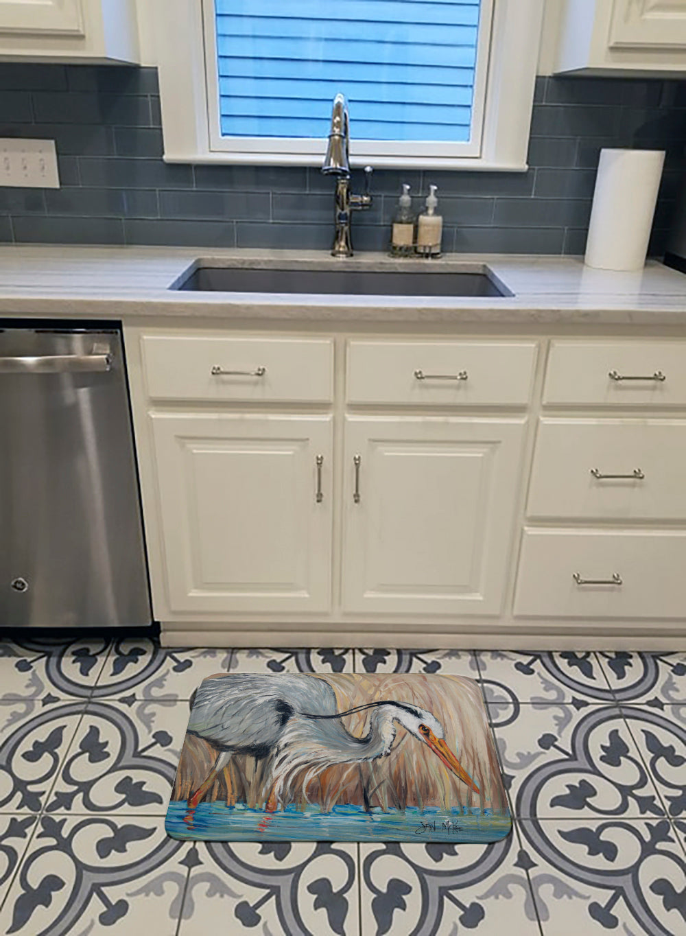 Blue Heron in the reeds Memory Foam Kitchen Mat Machine Washable Anti-Fatigue Cushion Comfort Bath or Kitchen Rug