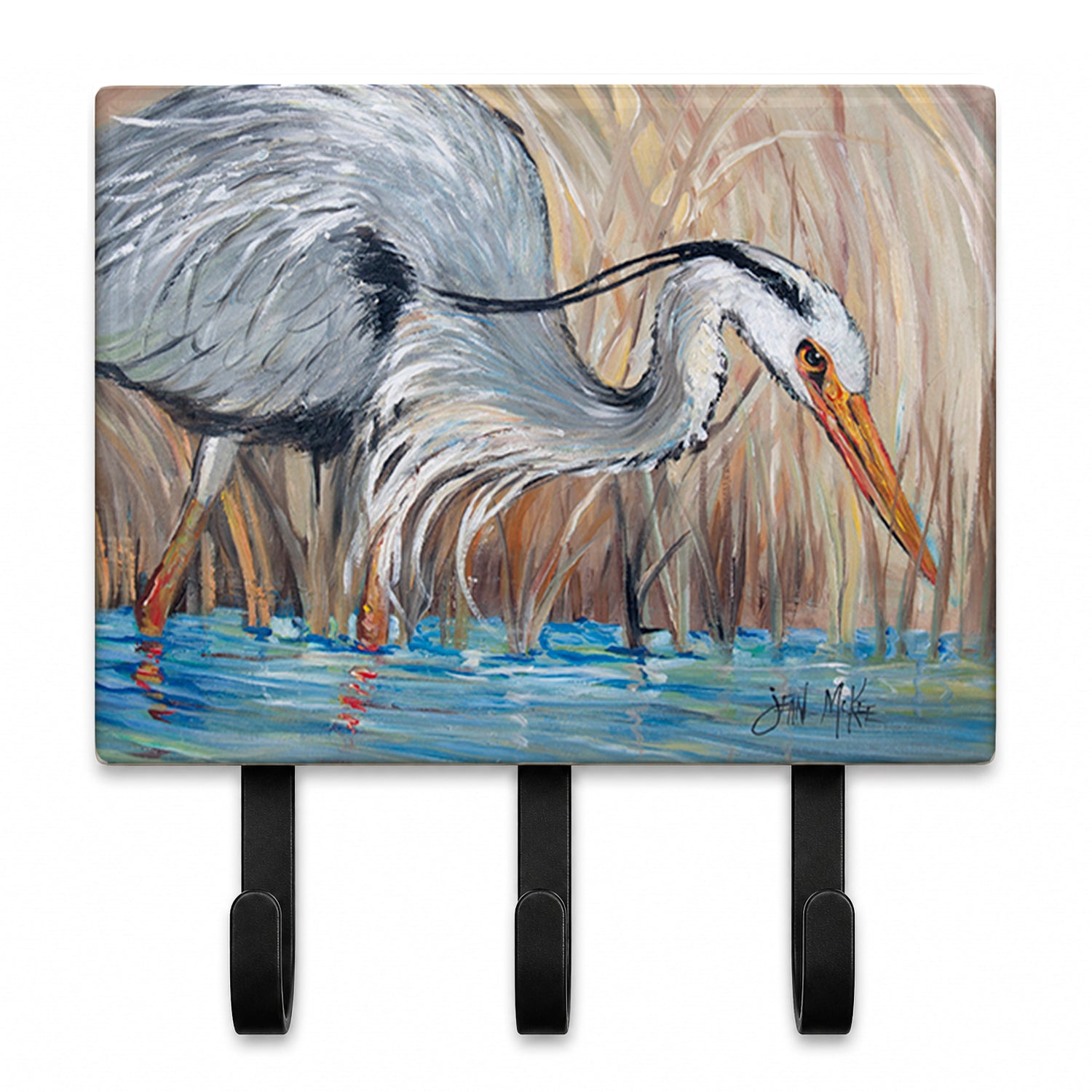 Blue Heron in the reeds Leash or Key Holder Wall Hooks, Coat Rack Wall Mount, for Hanging Keys, Towels, Aprons, Leashes
