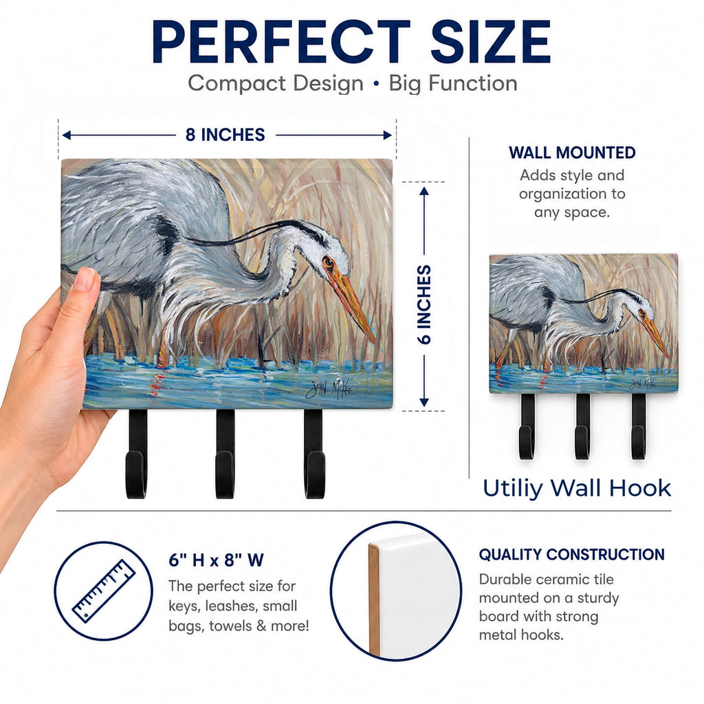 Blue Heron in the reeds Leash or Key Holder Wall Hooks, Coat Rack Wall Mount, for Hanging Keys, Towels, Aprons, Leashes