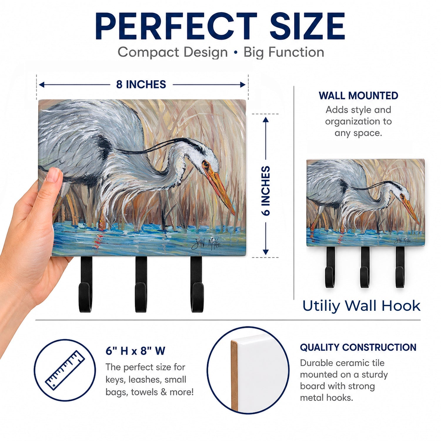 Blue Heron in the reeds Leash or Key Holder Wall Hooks, Coat Rack Wall Mount, for Hanging Keys, Towels, Aprons, Leashes