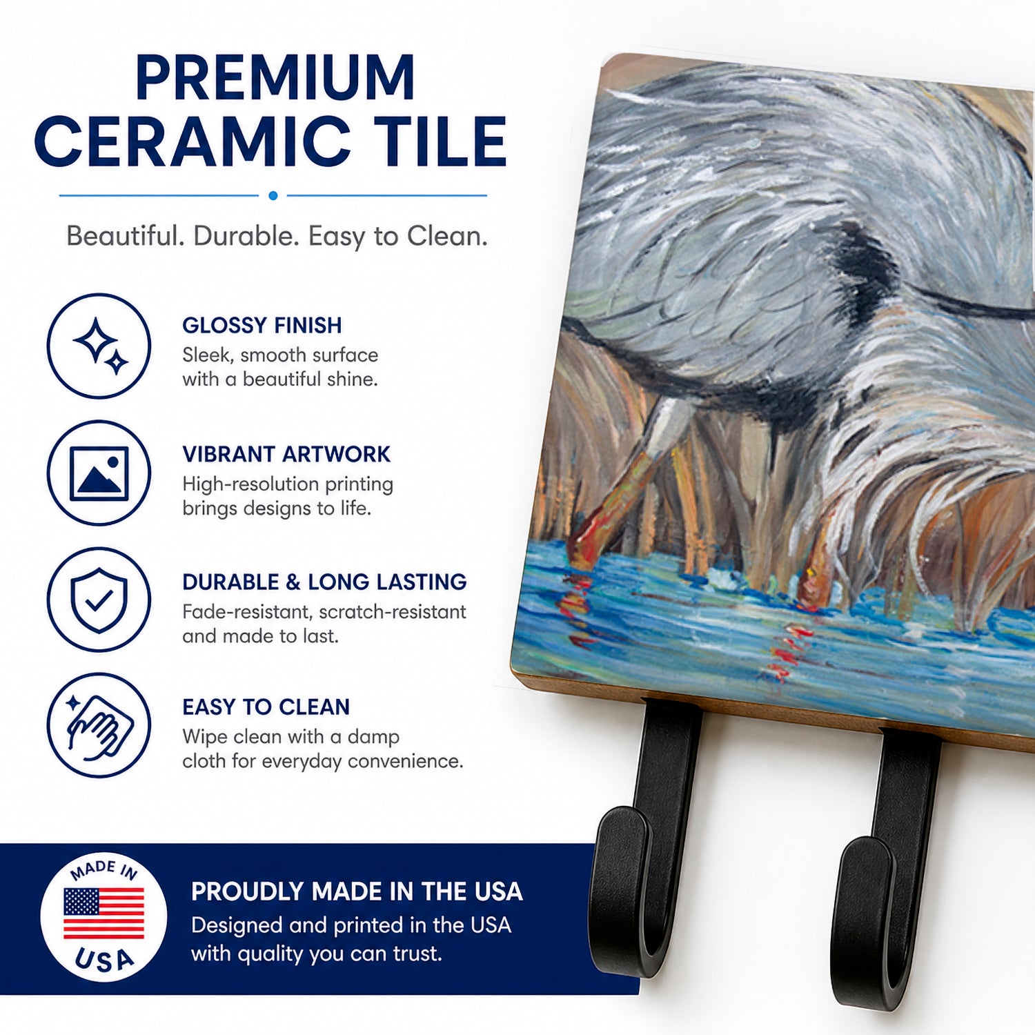 Blue Heron in the reeds Leash or Key Holder Wall Hooks, Coat Rack Wall Mount, for Hanging Keys, Towels, Aprons, Leashes