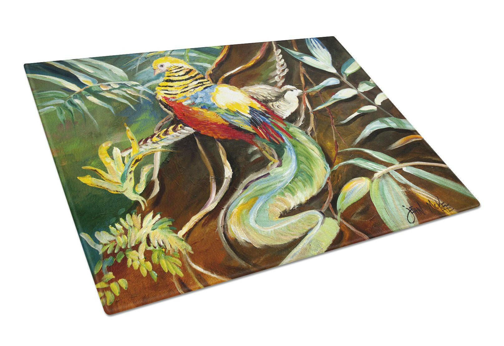 Mandarin Pheasant Cutting Board Tempered Glass Kitchen Cutting Surface, Heat Resistant Chopping, Non-Slip Feet, Food Prep & Serving