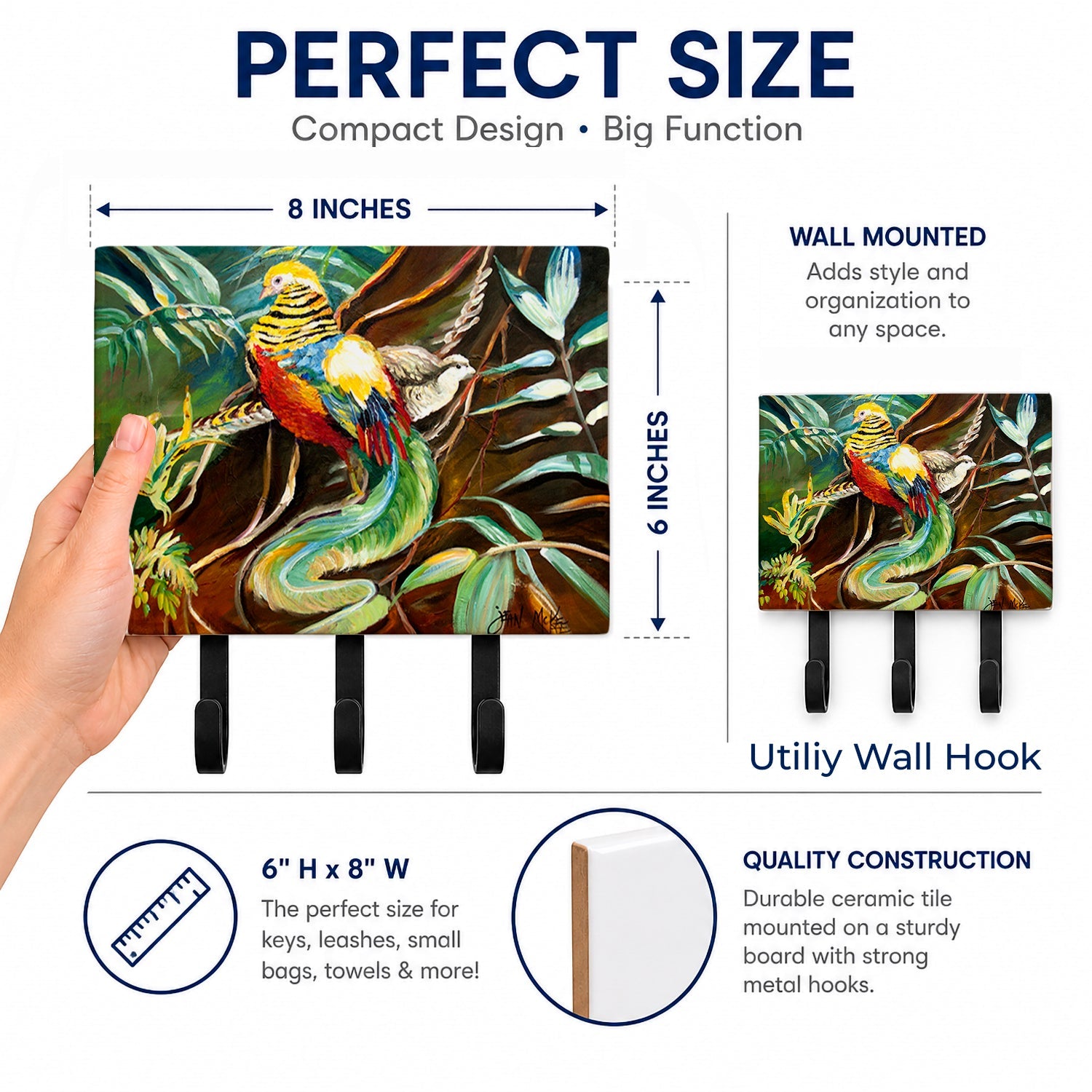 Mandarin Pheasant Leash or Key Holder Wall Hooks, Coat Rack Wall Mount, for Hanging Keys, Towels, Aprons, Leashes