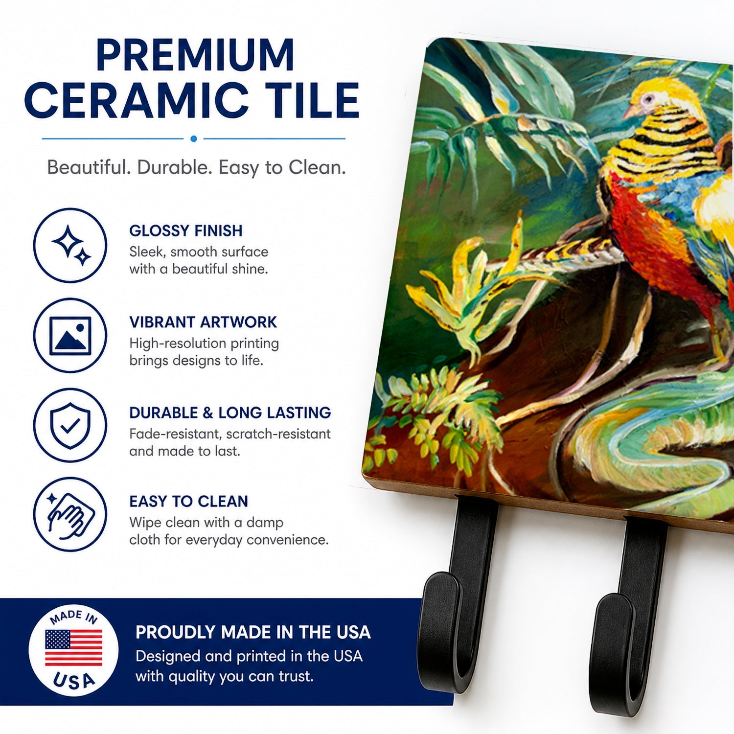 Mandarin Pheasant Leash or Key Holder Wall Hooks, Coat Rack Wall Mount, for Hanging Keys, Towels, Aprons, Leashes