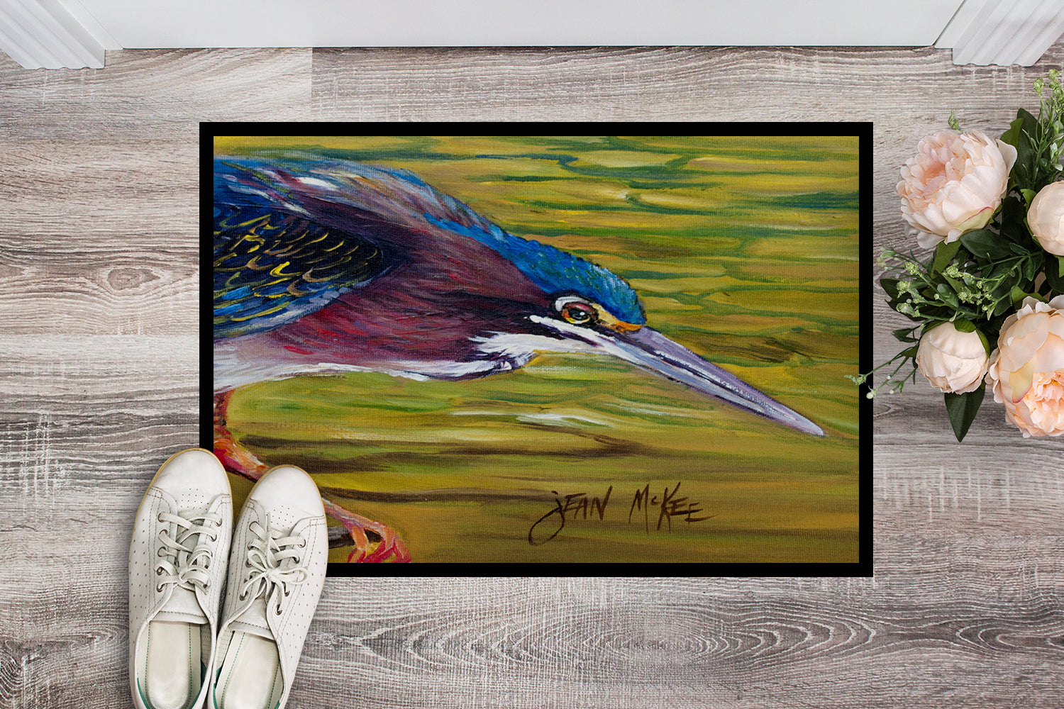 Green Heron Doormat Indoor Outdoor 24H X 36W Front Door Mat Rugs for Entryway, Non Slip Washable Low Pile,