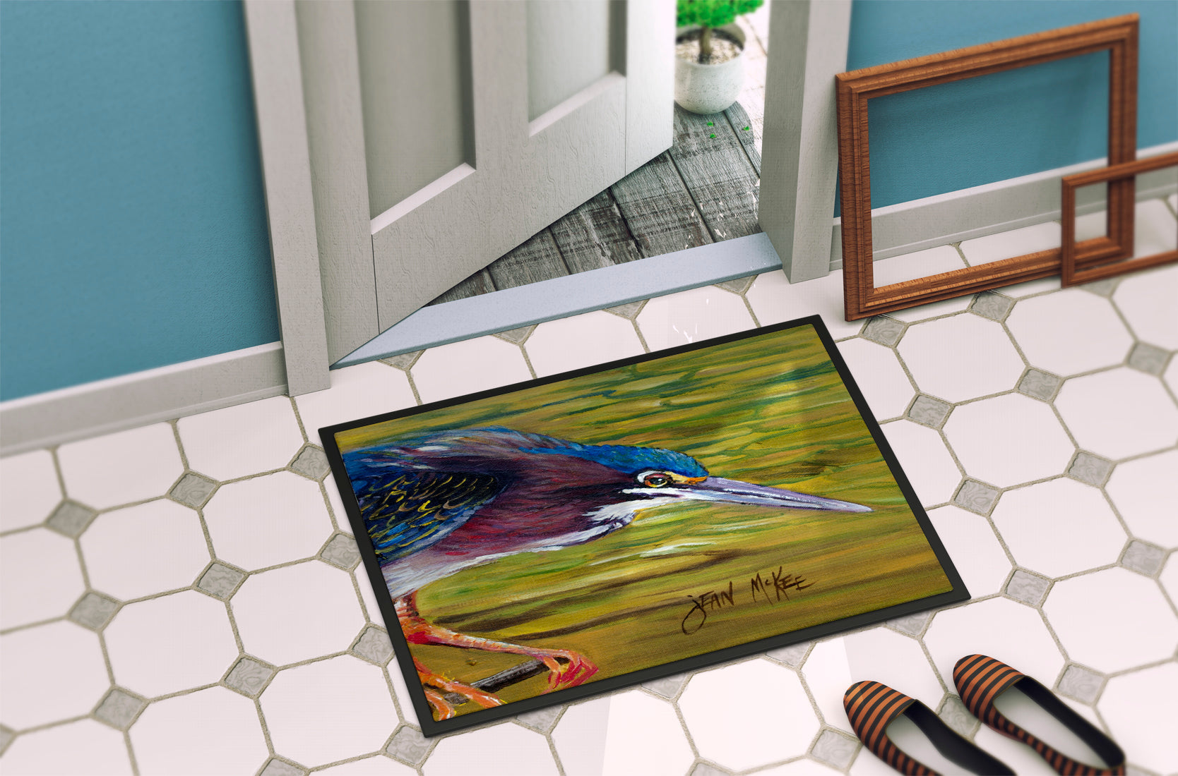 Green Heron Doormat Indoor Outdoor 24H X 36W Front Door Mat Rugs for Entryway, Non Slip Washable Low Pile,