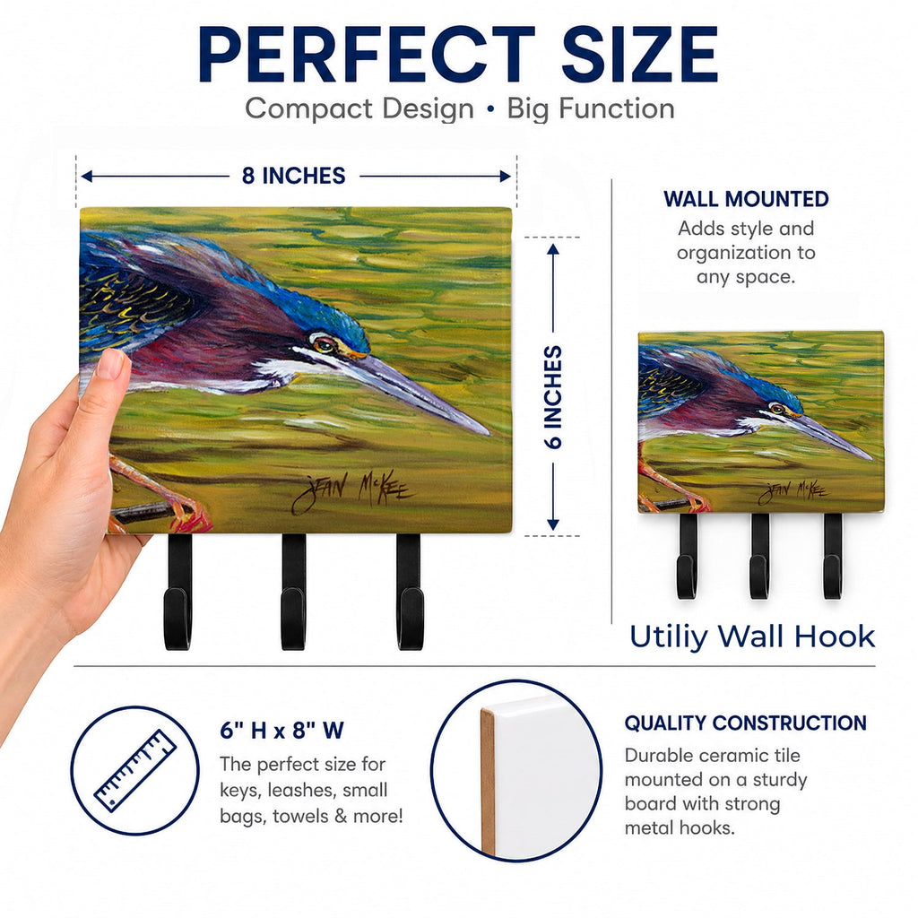 Green Heron Leash or Key Holder Wall Hooks, Coat Rack Wall Mount, for Hanging Keys, Towels, Aprons, Leashes