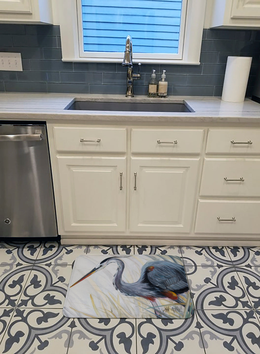 Blue Heron Frog hunting Memory Foam Kitchen Mat Machine Washable Anti-Fatigue Cushion Comfort Bath or Kitchen Rug