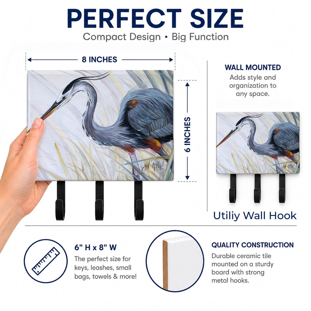 Blue Heron Frog hunting Leash or Key Holder Wall Hooks, Coat Rack Wall Mount, for Hanging Keys, Towels, Aprons, Leashes