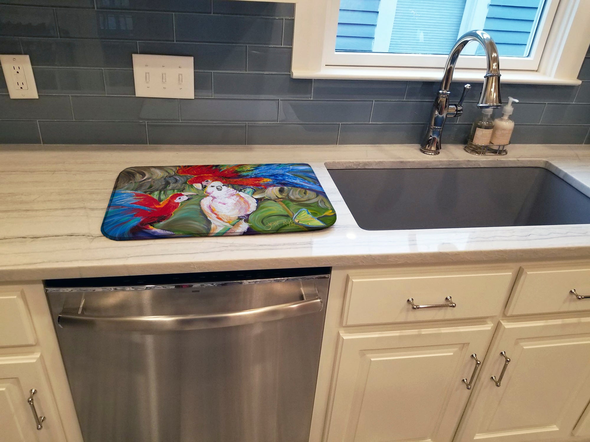Menage-a-trois Parrots Dish Drying Mat Absorbent Dish Drying Mat Pad for Kitchen Counter Dish Drainer Mat for Countertop, 14 x 21", Multicolor