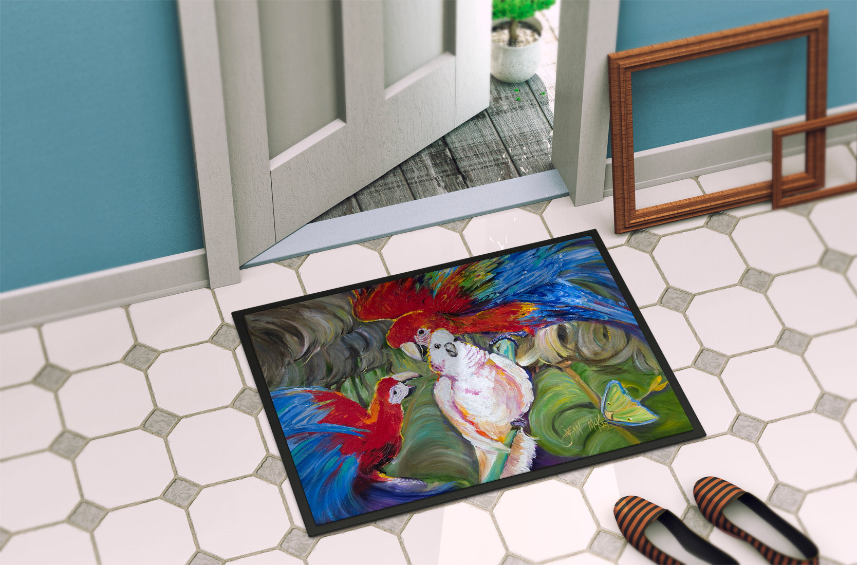 Menage-a-trois Parrots Doormat Indoor Outdoor 24H X 36W Front Door Mat Rugs for Entryway, Non Slip Washable Low Pile,
