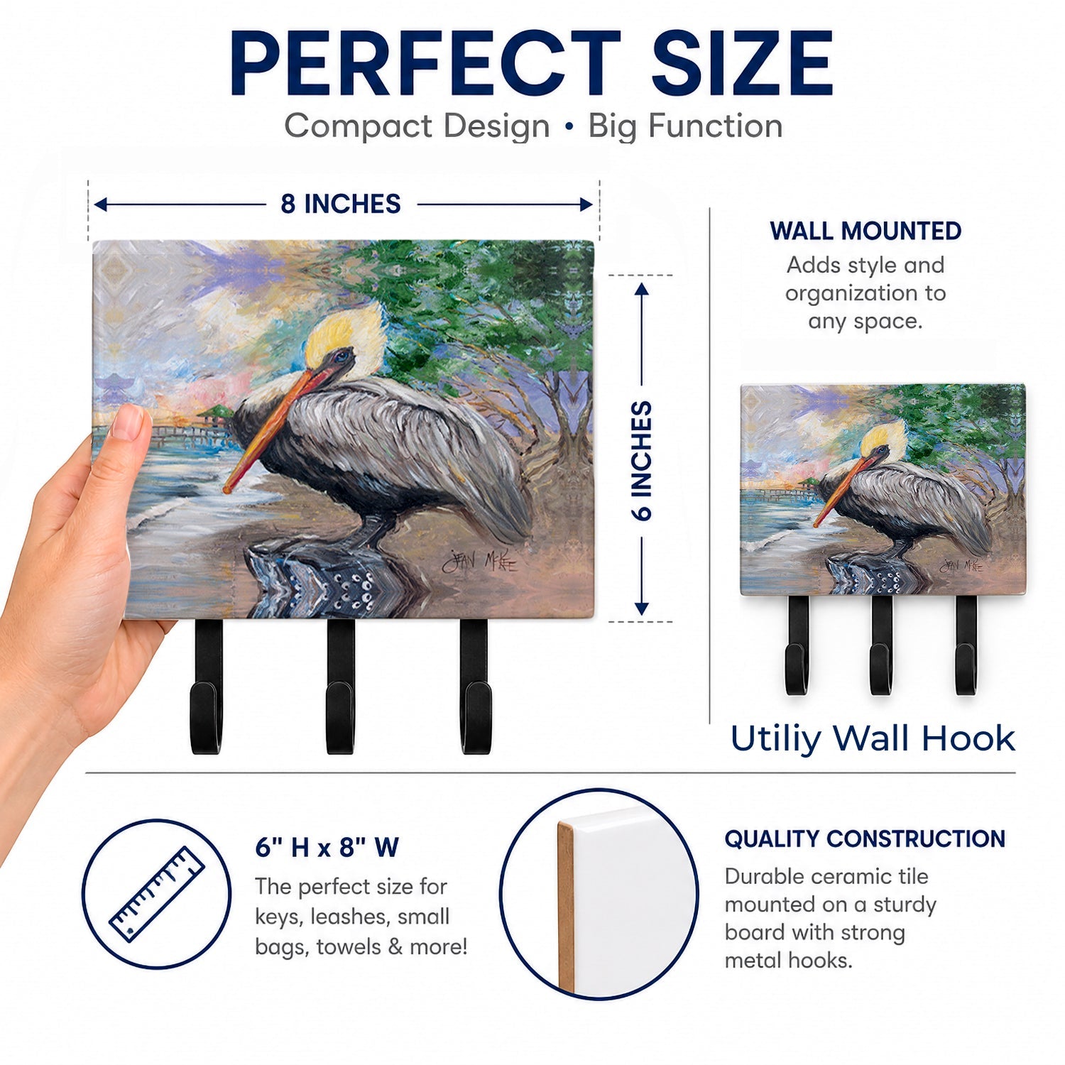 Pelican Bay Leash or Key Holder Wall Hooks, Coat Rack Wall Mount, for Hanging Keys, Towels, Aprons, Leashes