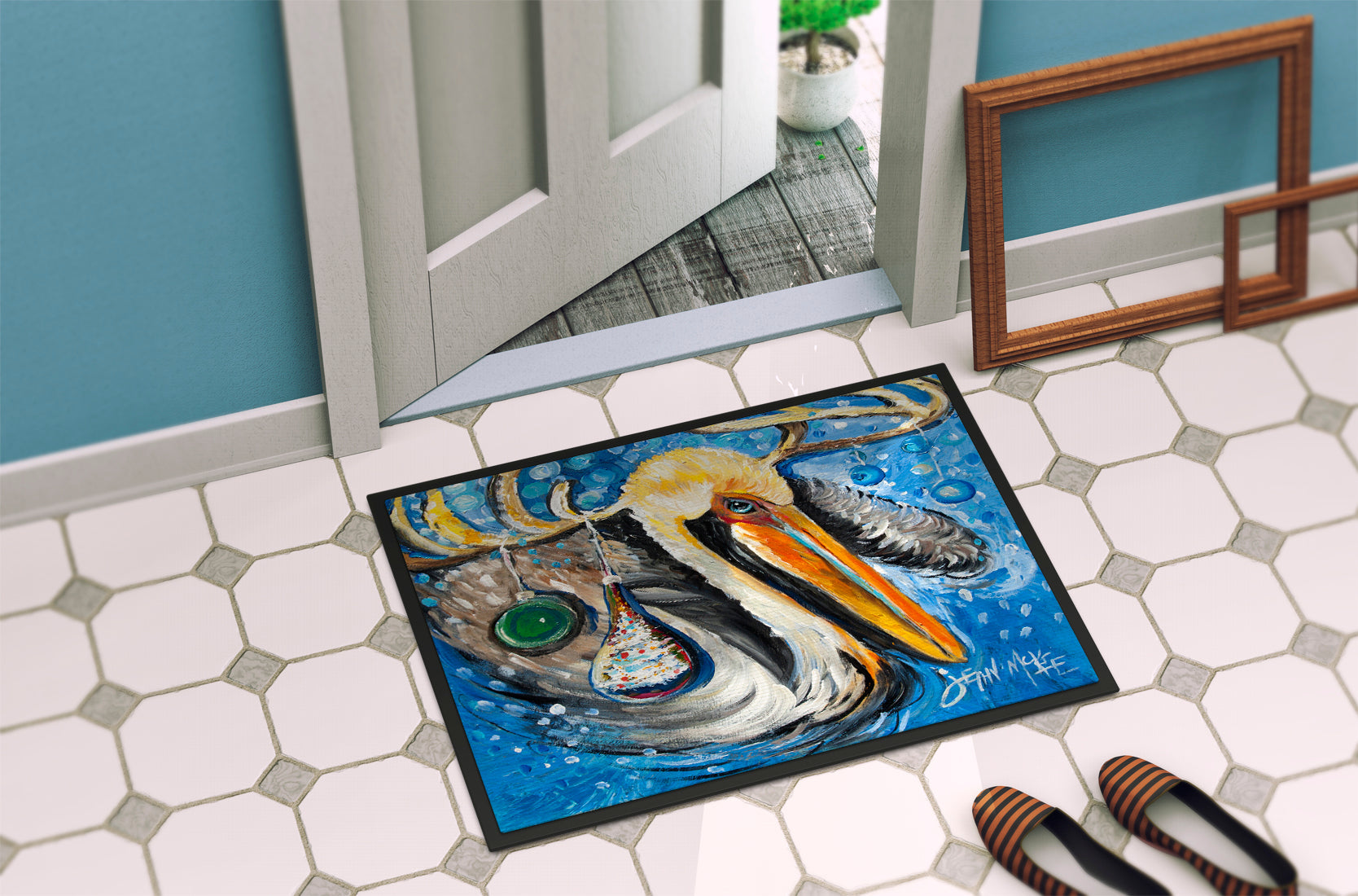 Pelican Dressed as a Reindeer Doormat Indoor Outdoor 24H X 36W Front Door Mat Rugs for Entryway, Non Slip Washable Low Pile,
