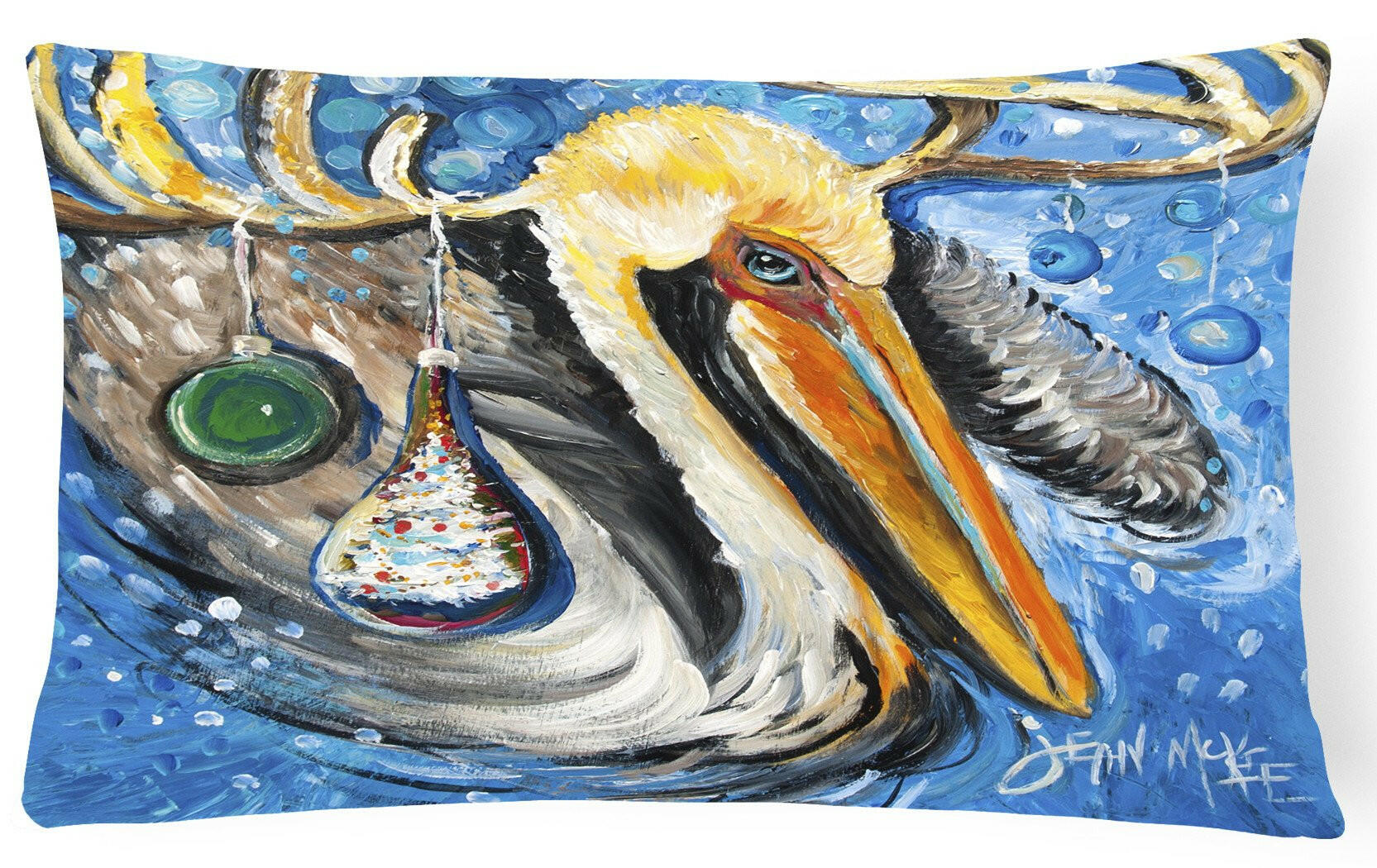 Pelican Dressed as a Reindeer Decorative Throw Pillow 12x16 Indoor Outdoor Accent Cushion, Fabric Cover with Insert for Sofa, Bed, Porch & Living Room