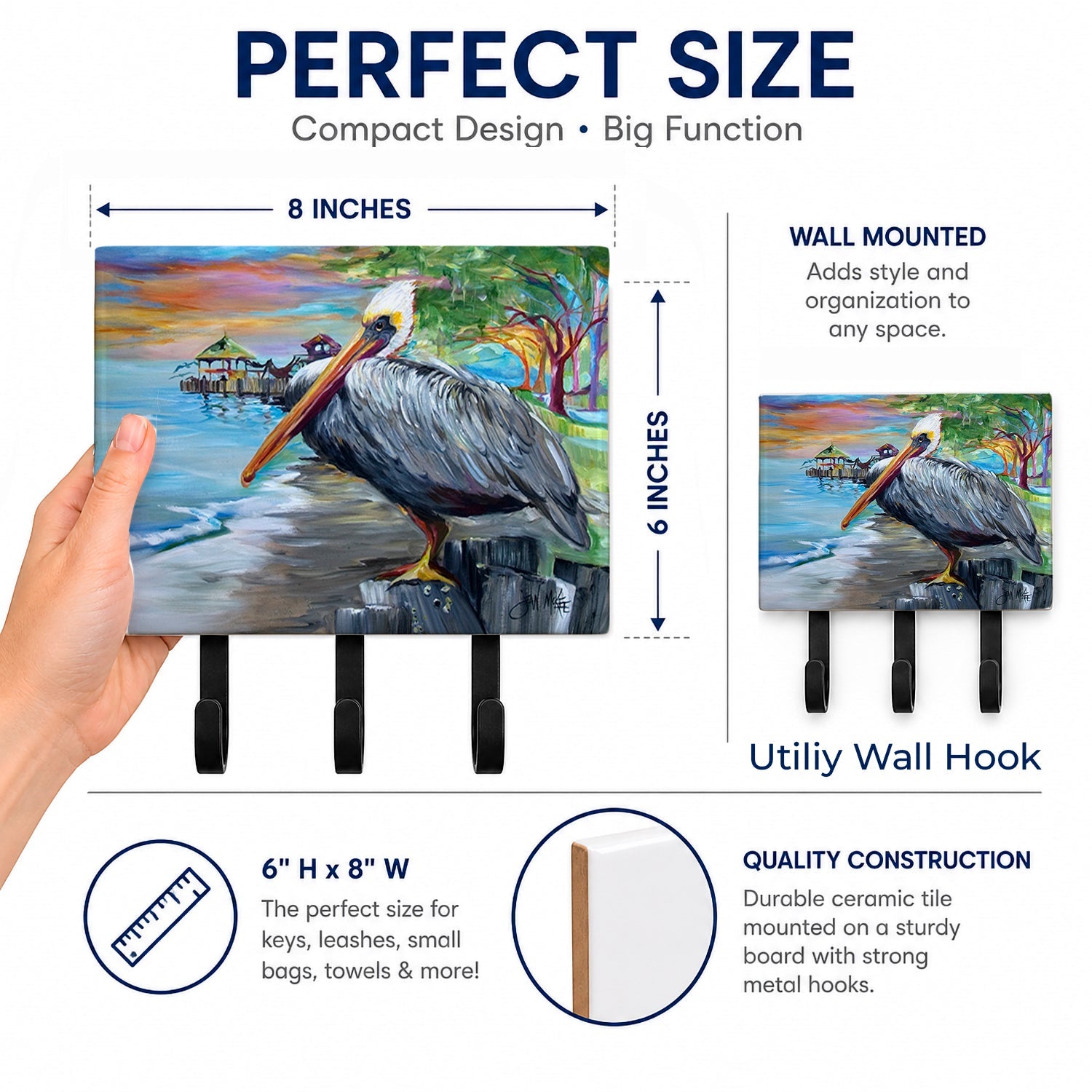 Pelican view Leash or Key Holder Wall Hooks, Coat Rack Wall Mount, for Hanging Keys, Towels, Aprons, Leashes