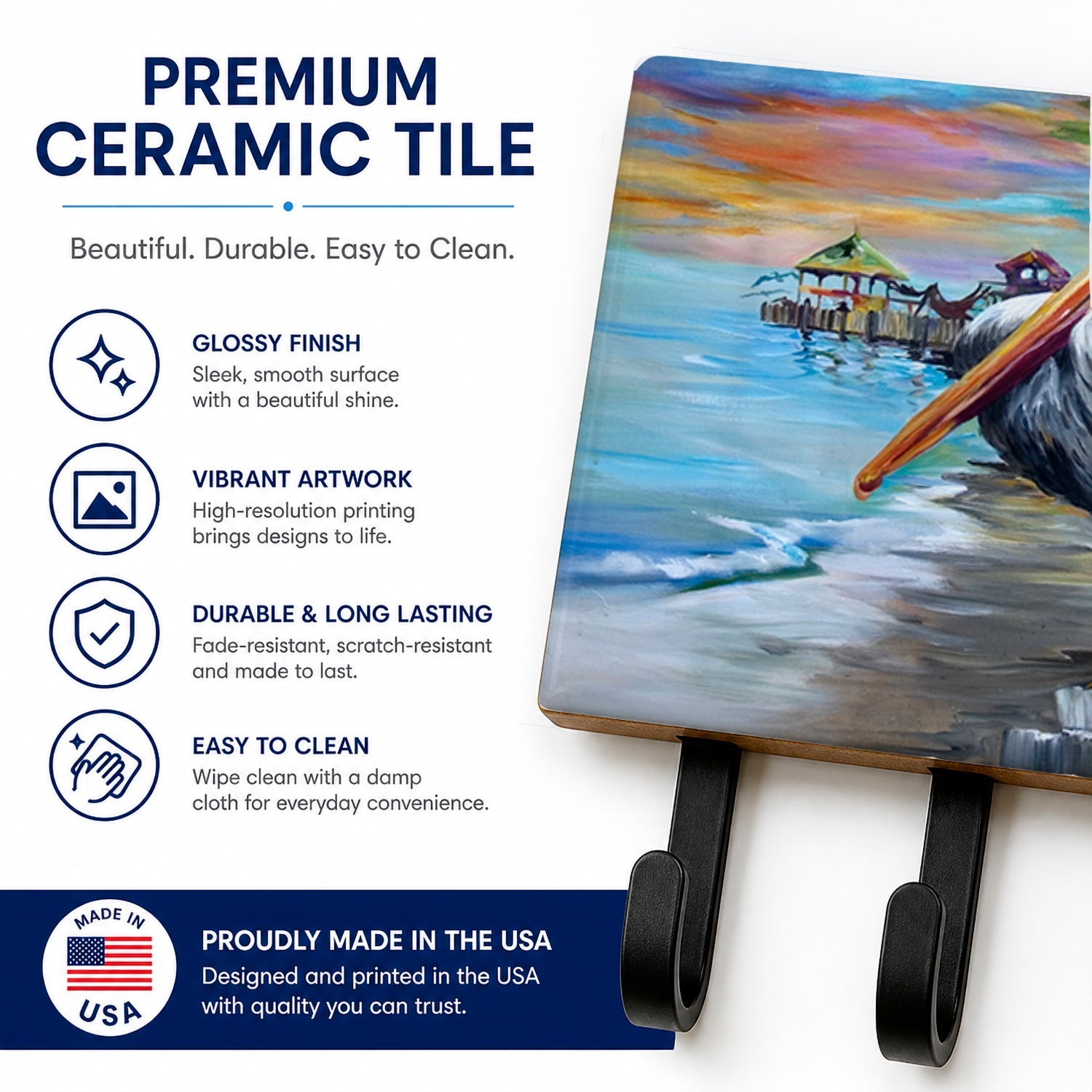 Pelican view Leash or Key Holder Wall Hooks, Coat Rack Wall Mount, for Hanging Keys, Towels, Aprons, Leashes