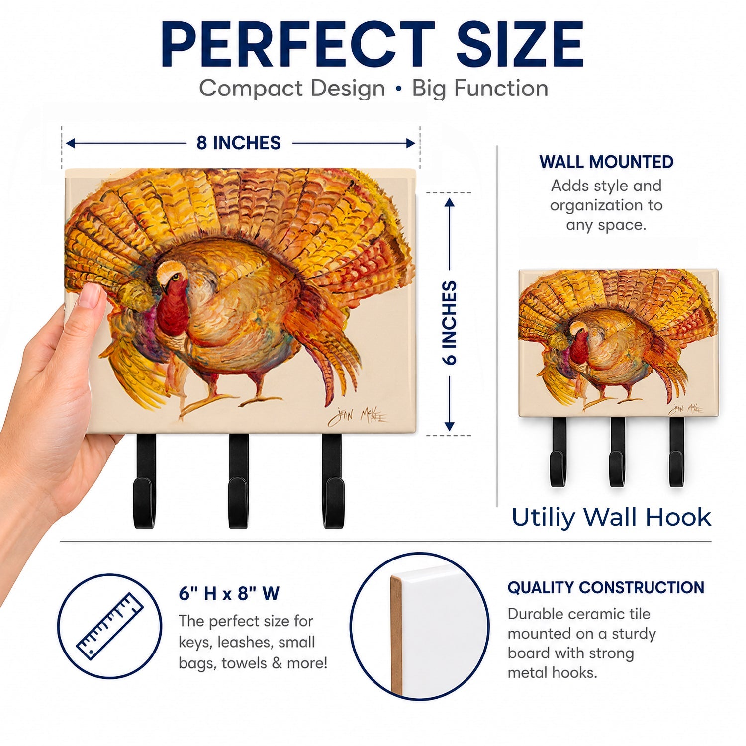 Turkey Leash or Key Holder Wall Hooks, Coat Rack Wall Mount, for Hanging Keys, Towels, Aprons, Leashes