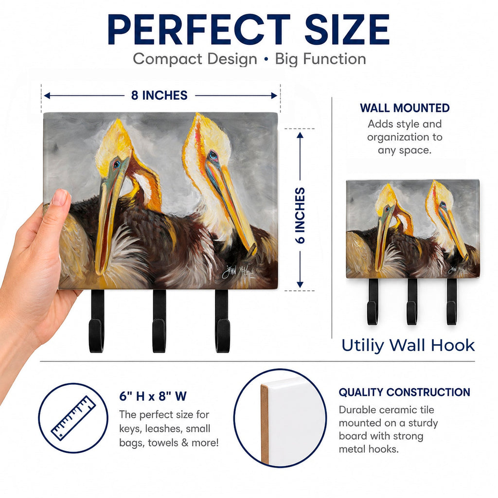 Pelicans Preening Leash or Key Holder Wall Hooks, Coat Rack Wall Mount, for Hanging Keys, Towels, Aprons, Leashes