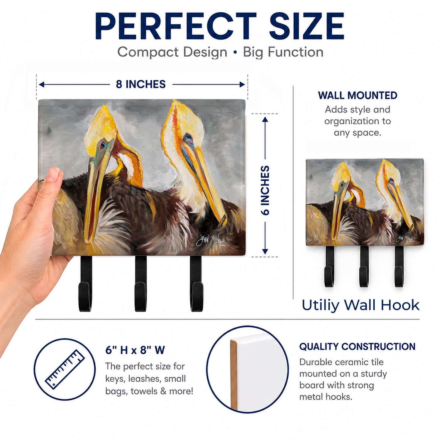 Pelicans Preening Leash or Key Holder Wall Hooks, Coat Rack Wall Mount, for Hanging Keys, Towels, Aprons, Leashes