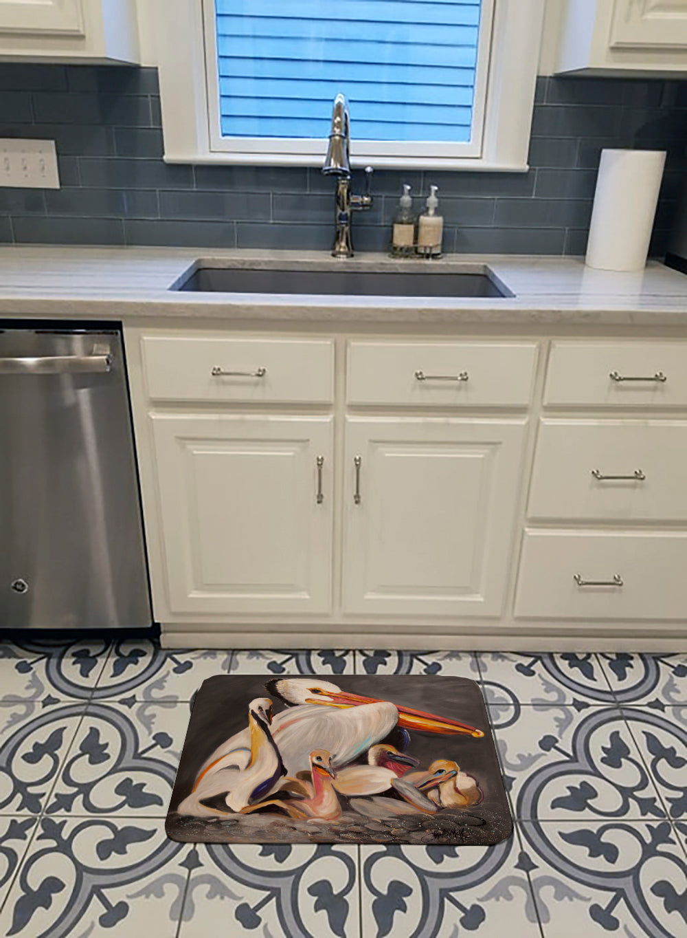 White Pelicans Memory Foam Kitchen Mat Machine Washable Anti-Fatigue Cushion Comfort Bath or Kitchen Rug