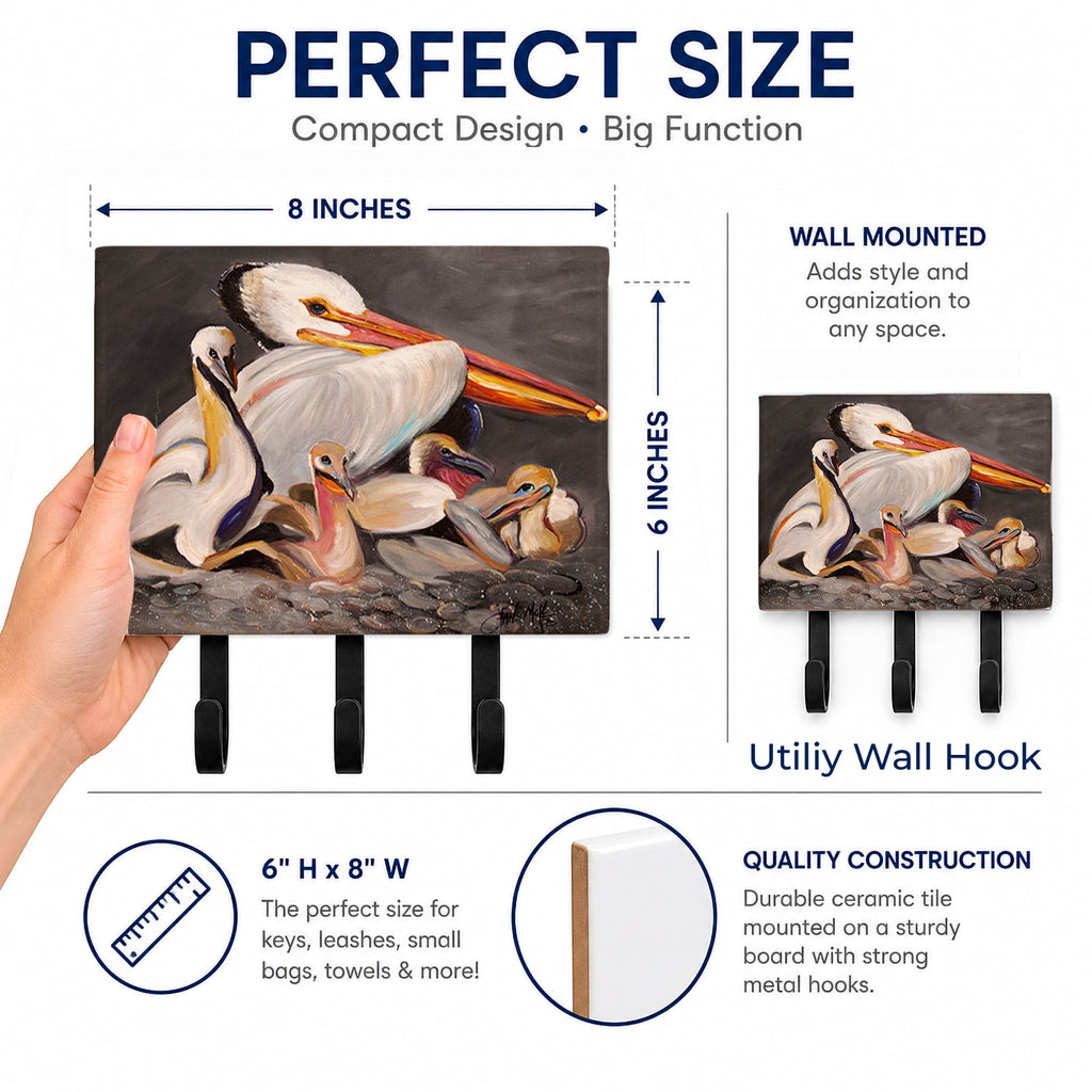 White Pelicans Leash or Key Holder Wall Hooks, Coat Rack Wall Mount, for Hanging Keys, Towels, Aprons, Leashes