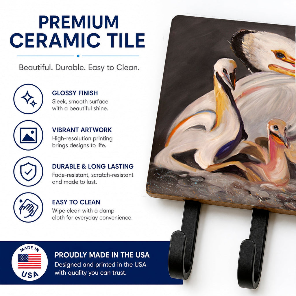 White Pelicans Leash or Key Holder Wall Hooks, Coat Rack Wall Mount, for Hanging Keys, Towels, Aprons, Leashes